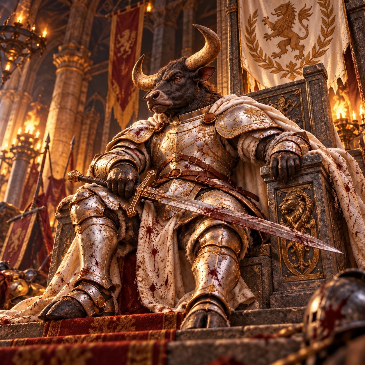 SWORDBULL rests on a stone throne with his sword in a torchlit great hall